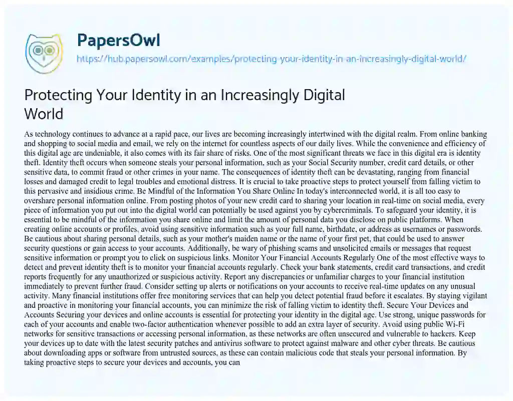 Essay on Protecting Your Identity in an Increasingly Digital World