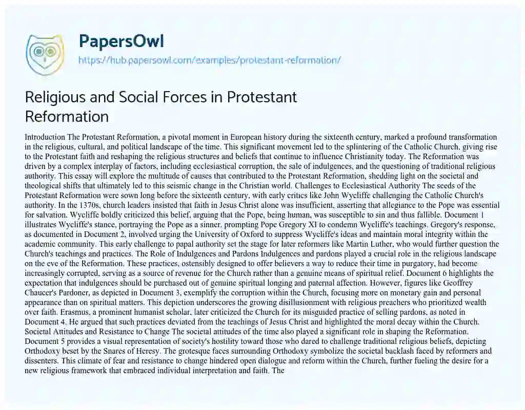 Essay on Religious and Social Forces in Protestant Reformation