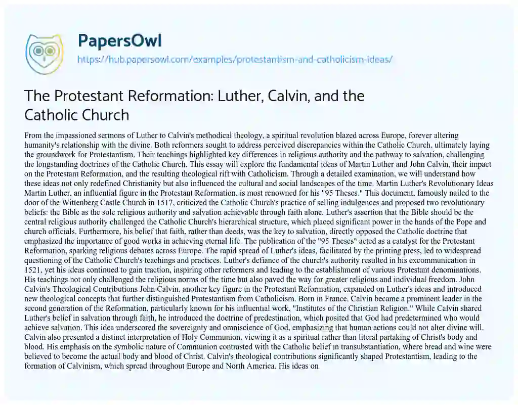 Essay on The Protestant Reformation: Luther, Calvin, and the Catholic Church