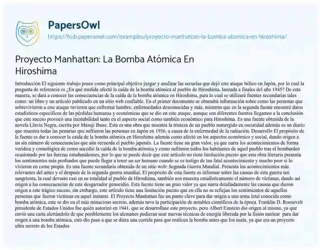 Essay on Proyecto Manhattan: La Bomba Atómica En Hiroshima