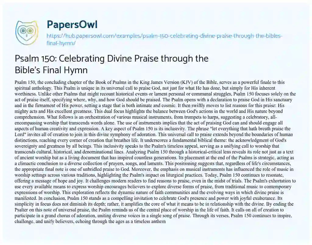 Essay on Psalm 150: Celebrating Divine Praise through the Bible’s Final Hymn