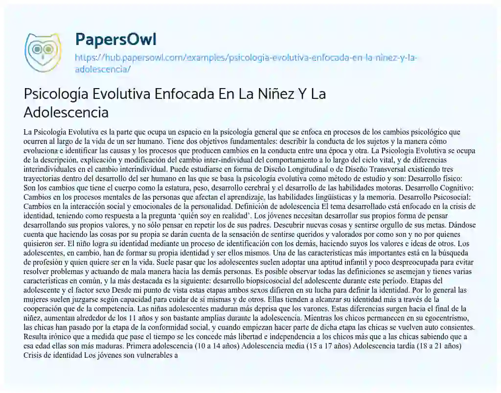 Essay on Psicología Evolutiva Enfocada En La Niñez Y La Adolescencia