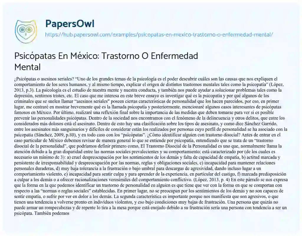 Essay on Psicópatas En México: Trastorno O Enfermedad Mental