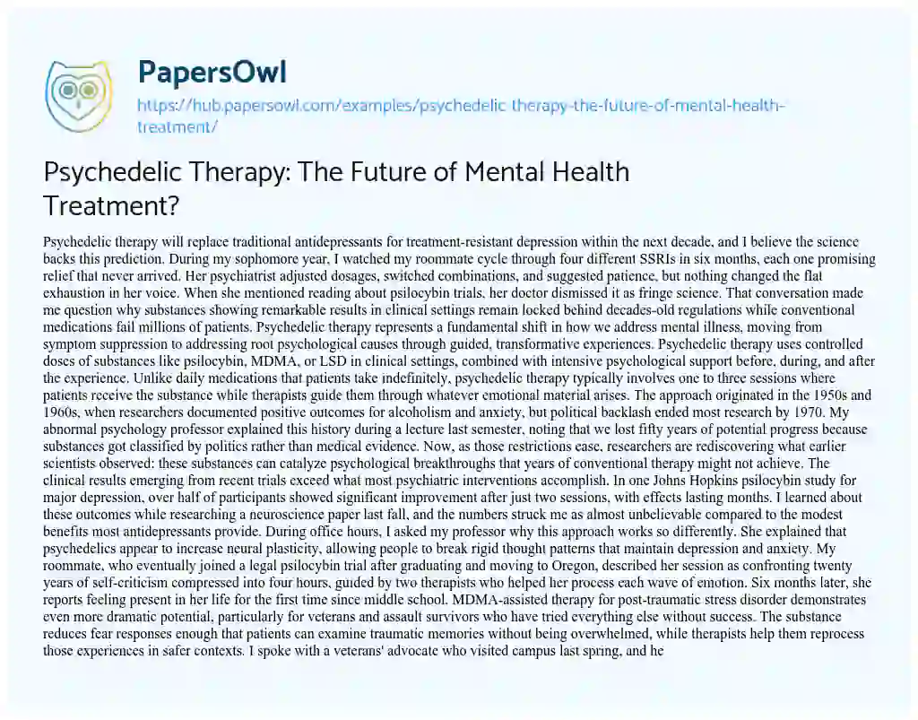 Essay on Psychedelic Therapy: The Future of Mental Health Treatment?