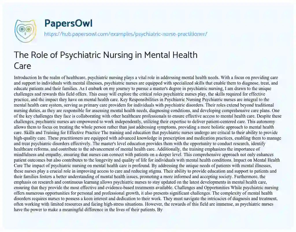 Essay on The Role of Psychiatric Nursing in Mental Health Care