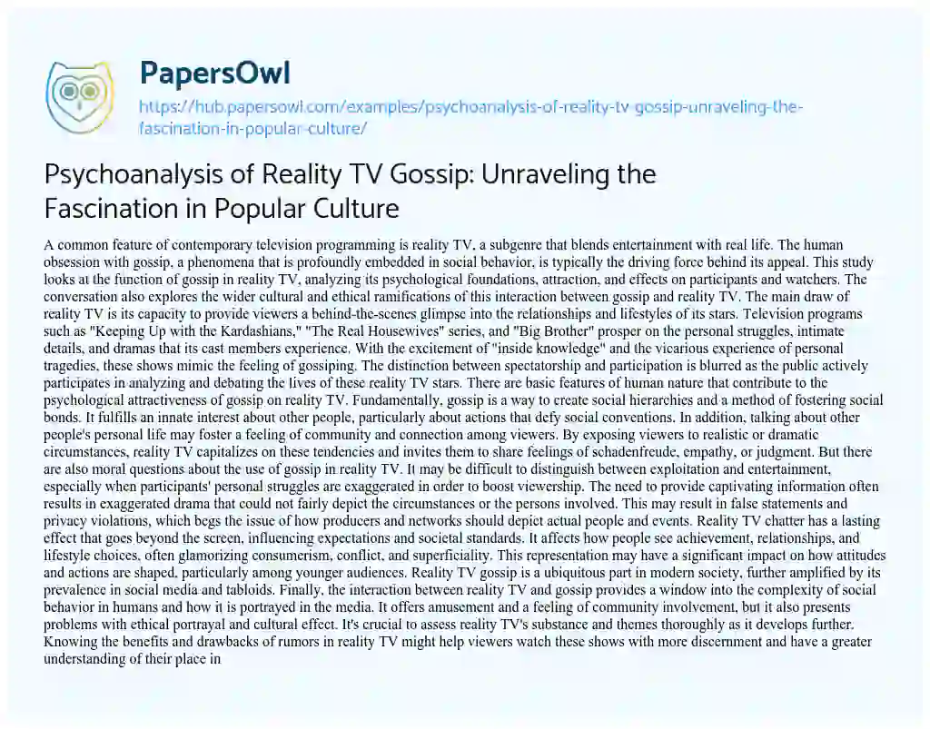 Essay on Psychoanalysis of Reality TV Gossip: Unraveling the Fascination in Popular Culture