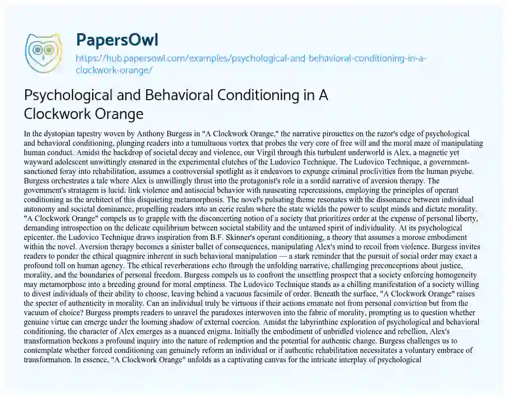 Essay on Psychological and Behavioral Conditioning in A Clockwork Orange