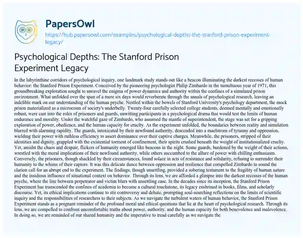 Essay on Psychological Depths: The Stanford Prison Experiment Legacy