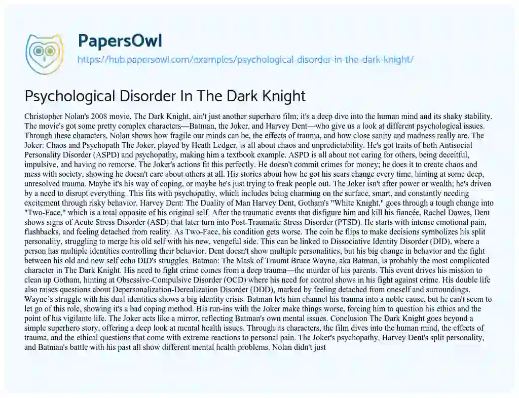 Essay on Psychological Disorder In The Dark Knight
