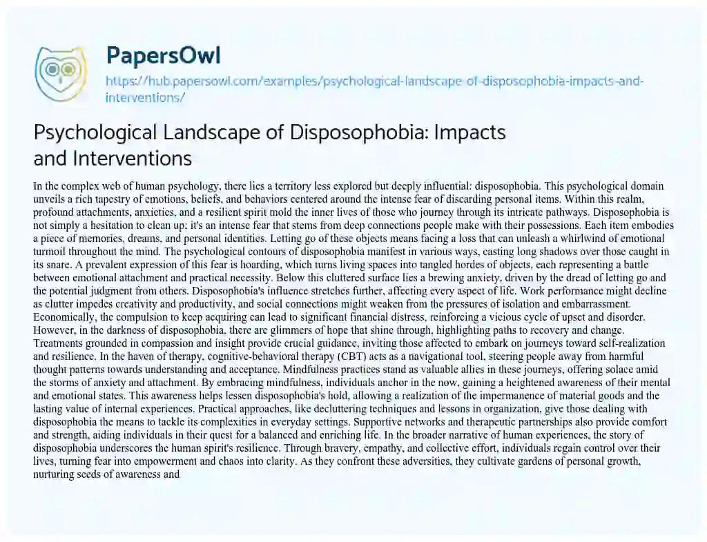 Essay on Psychological Landscape of Disposophobia: Impacts and Interventions