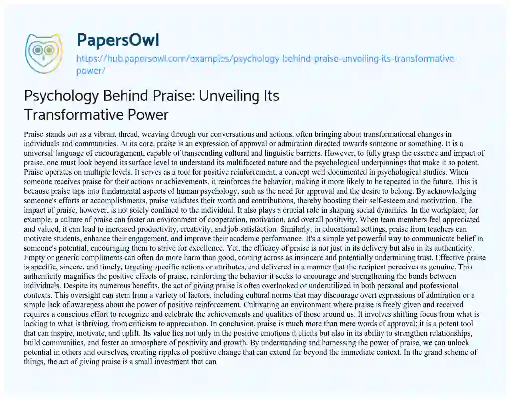 Essay on Psychology Behind Praise: Unveiling Its Transformative Power