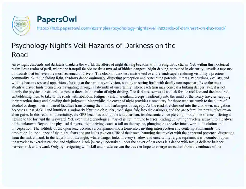 Essay on Psychology Night’s Veil: Hazards of Darkness on the Road