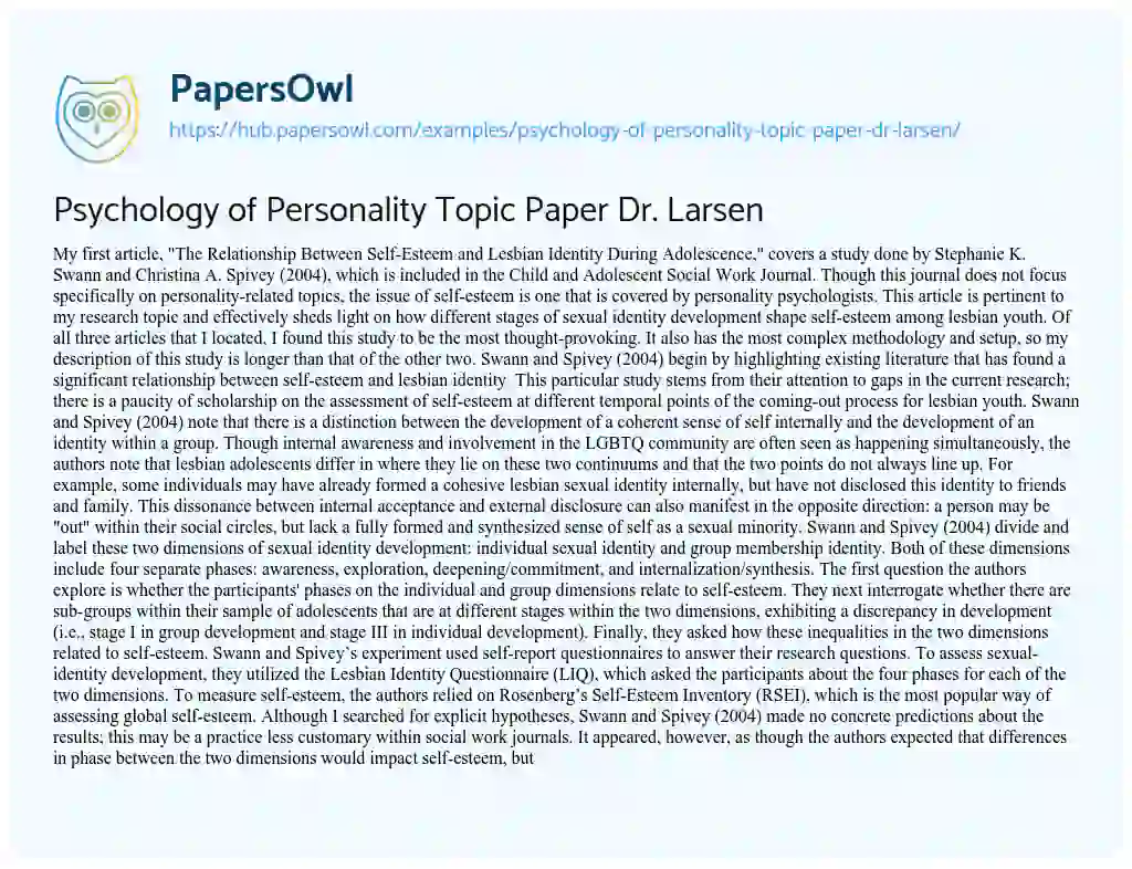 Essay on Psychology of Personality Topic Paper Dr. Larsen
