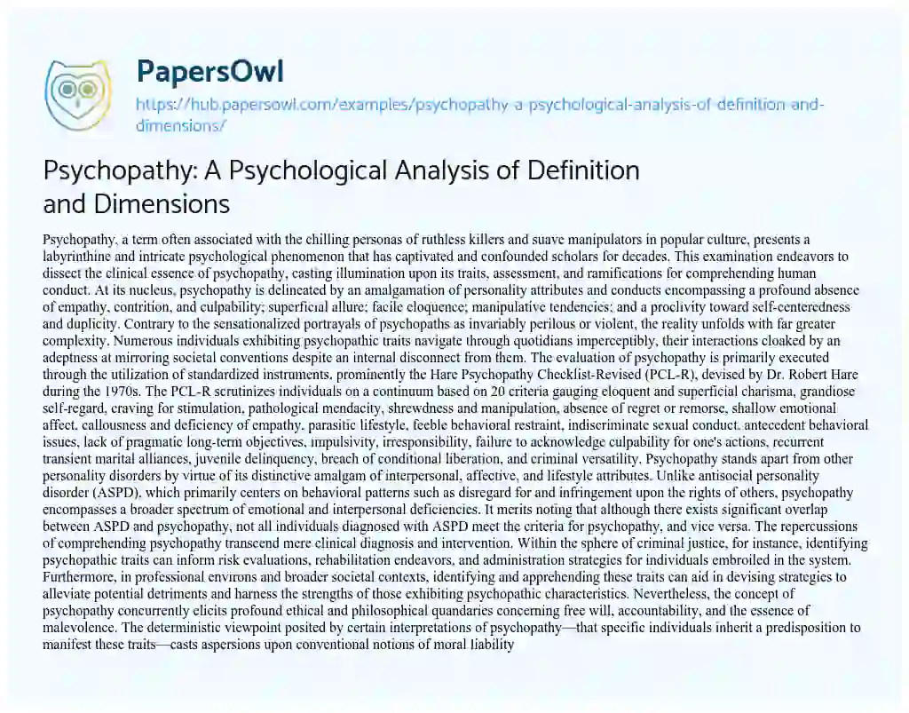 Essay on Psychopathy: A Psychological Analysis of Definition and Dimensions