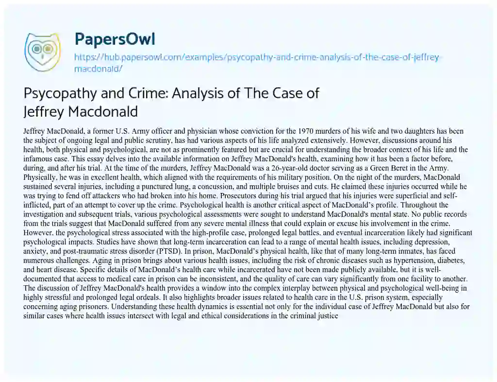 Essay on Psycopathy and Crime: Analysis of The Case of Jeffrey Macdonald