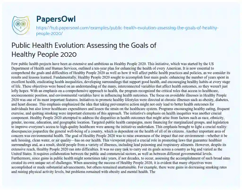Essay on Public Health Evolution: Assessing the Goals of Healthy People 2020