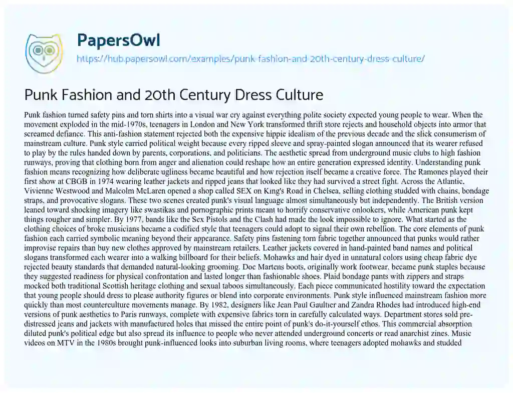 Essay on Punk Fashion and 20th Century Dress Culture