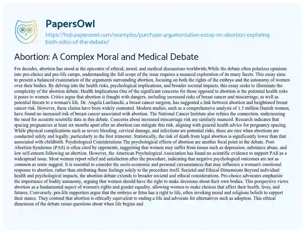 Essay on Abortion: A Complex Moral and Medical Debate