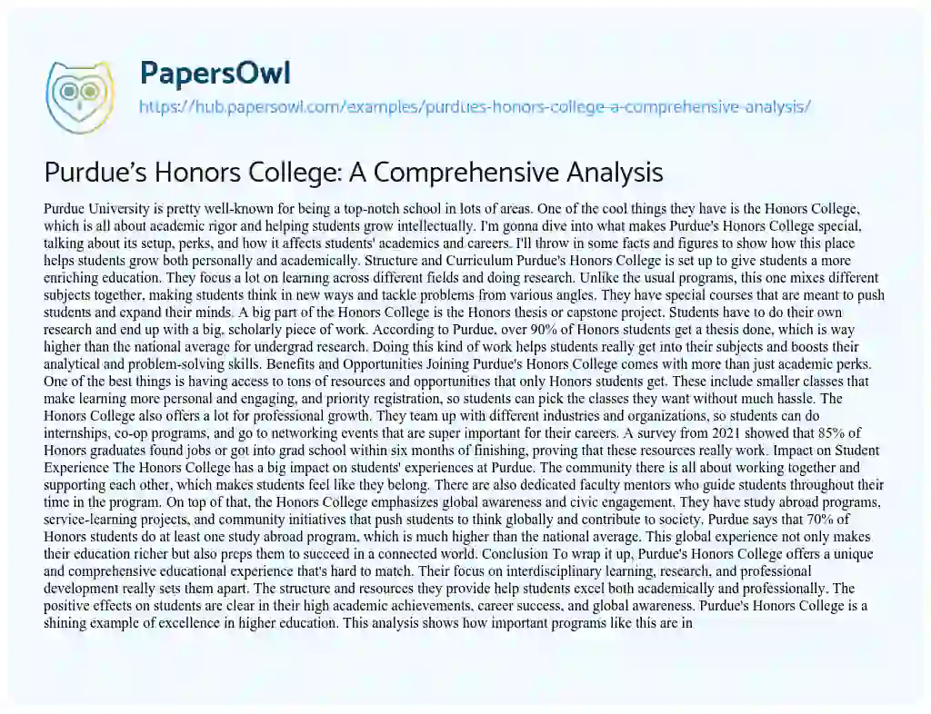 Essay on Purdue’s Honors College: A Comprehensive Analysis