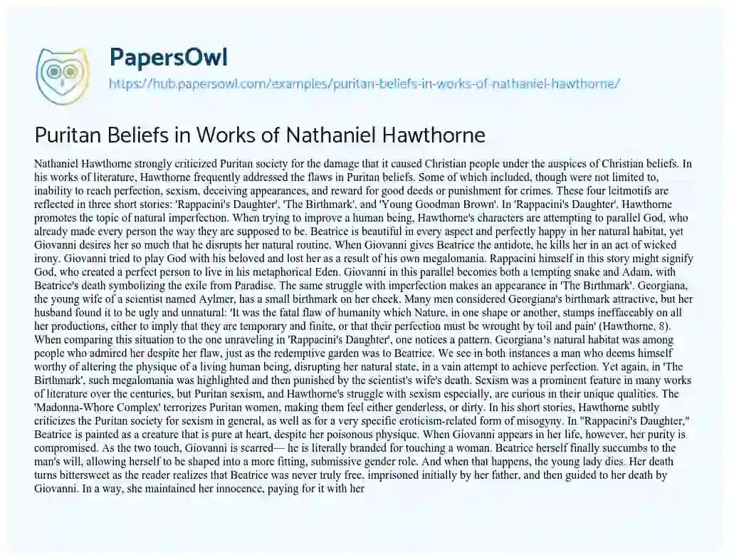 Essay on Puritan Beliefs in Works of Nathaniel Hawthorne