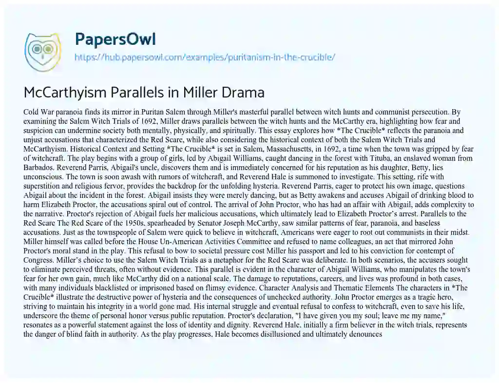 Essay on McCarthyism Parallels in Miller Drama