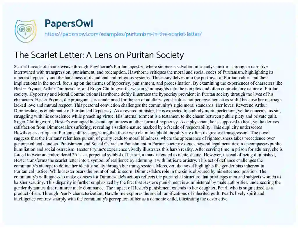 Essay on The Scarlet Letter: A Lens on Puritan Society