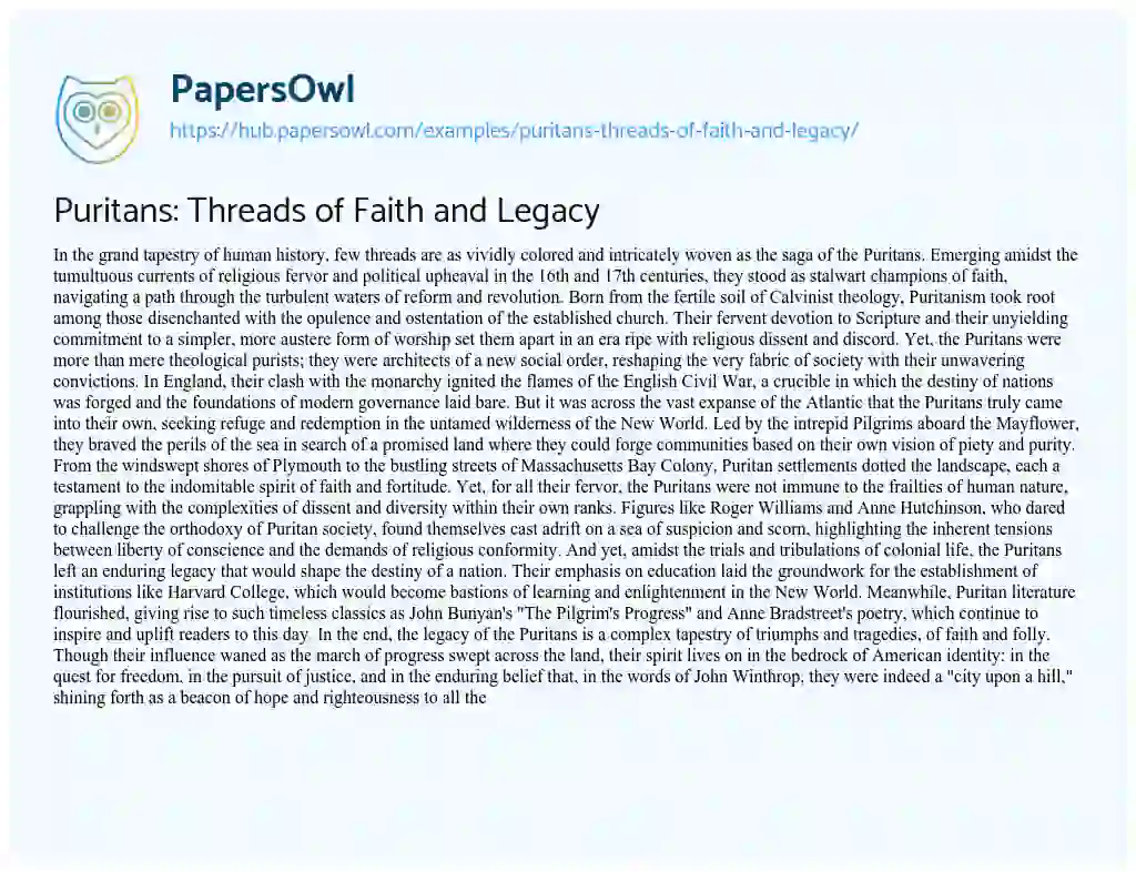 Essay on Puritans: Threads of Faith and Legacy
