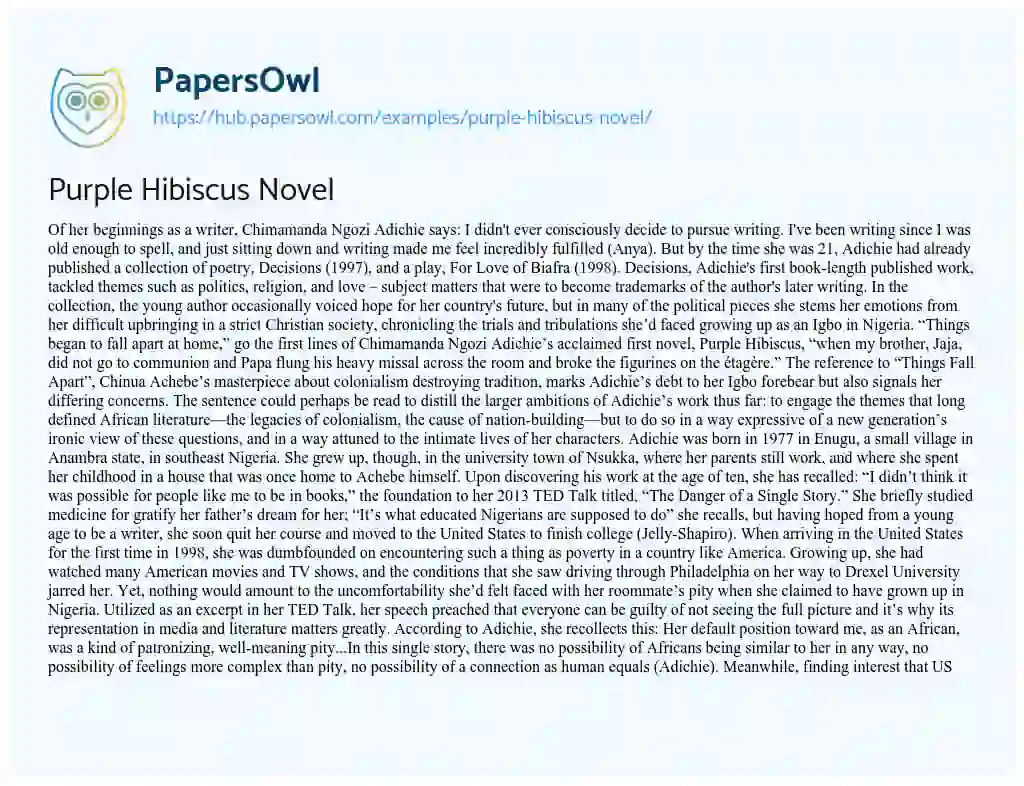 Essay on Purple Hibiscus Novel