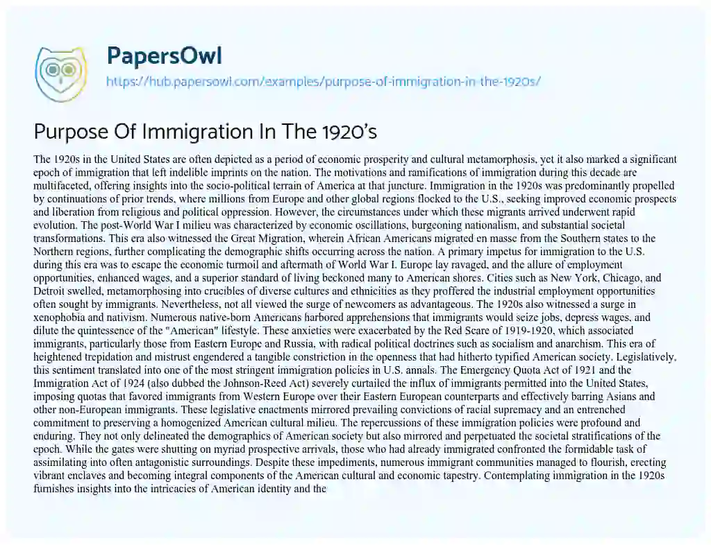 Essay on Purpose Of Immigration In The 1920’s