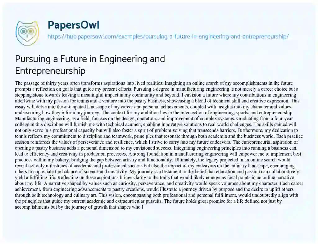 Essay on Pursuing a Future in Engineering and Entrepreneurship