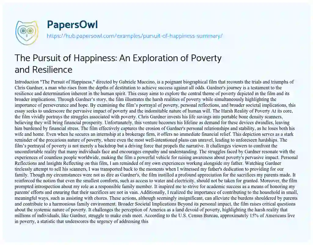 Essay on The Pursuit of Happiness: An Exploration of Poverty and Resilience