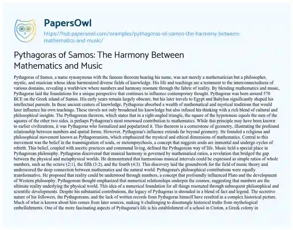Essay on Pythagoras of Samos: The Harmony Between Mathematics and Music