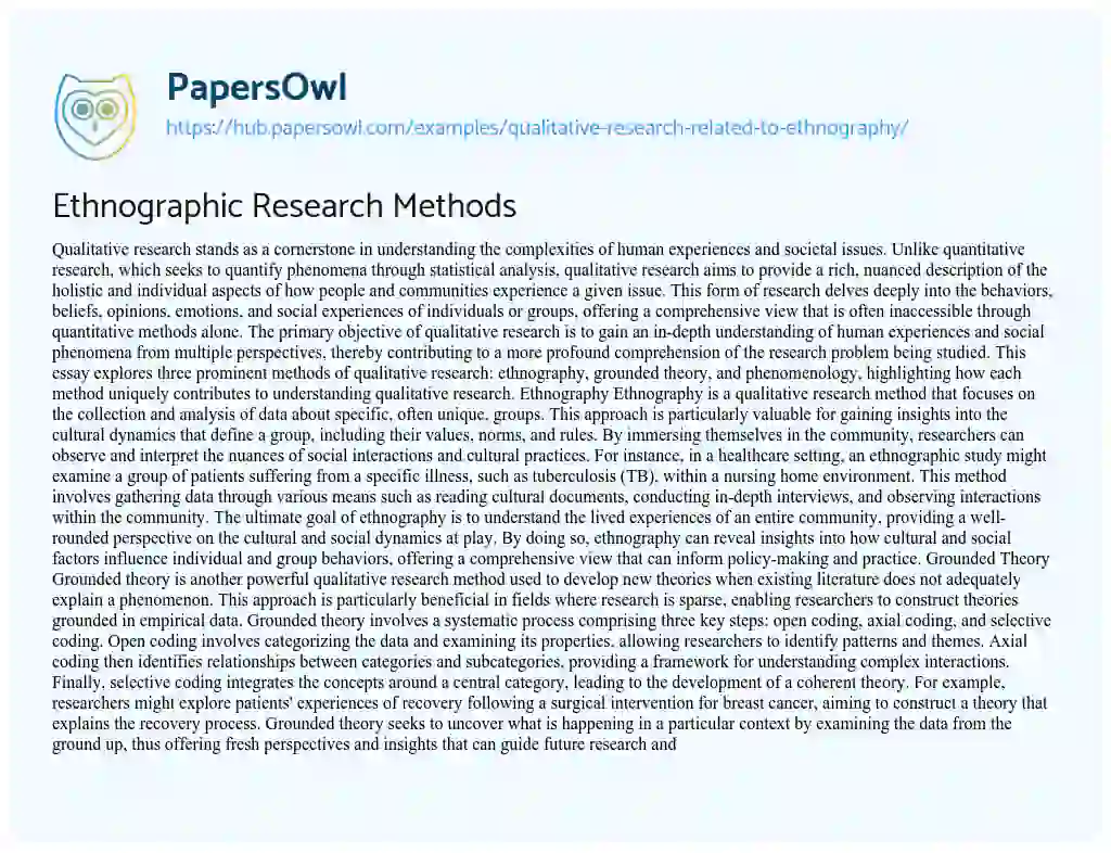 Essay on Ethnographic Research Methods