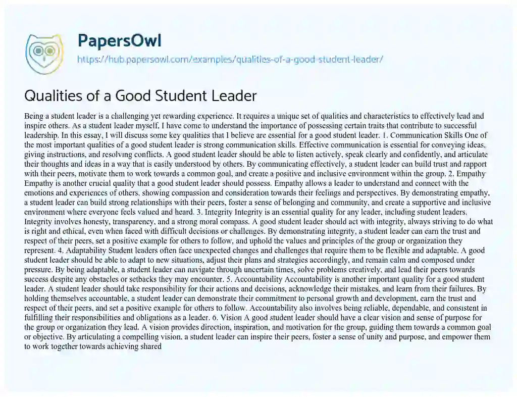 Essay on Qualities of a Good Student Leader