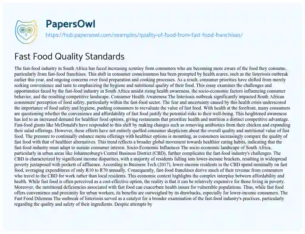 Essay on Fast Food Quality Standards