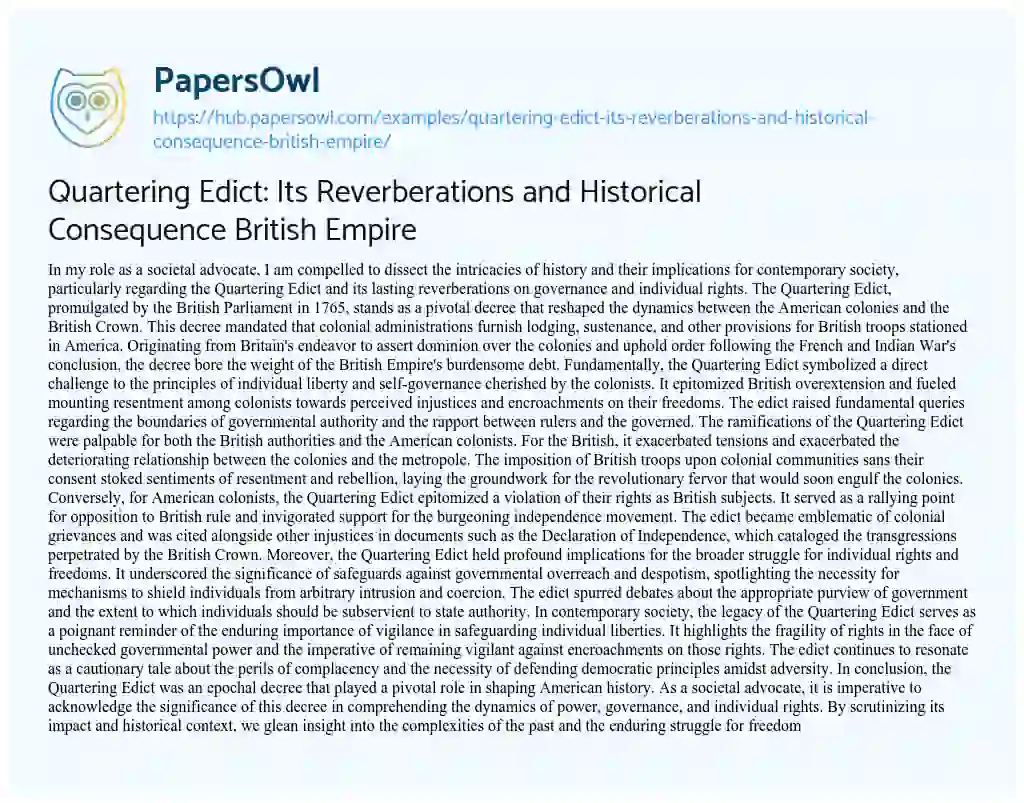 Essay on Quartering Edict: Its Reverberations and Historical Consequence British Empire