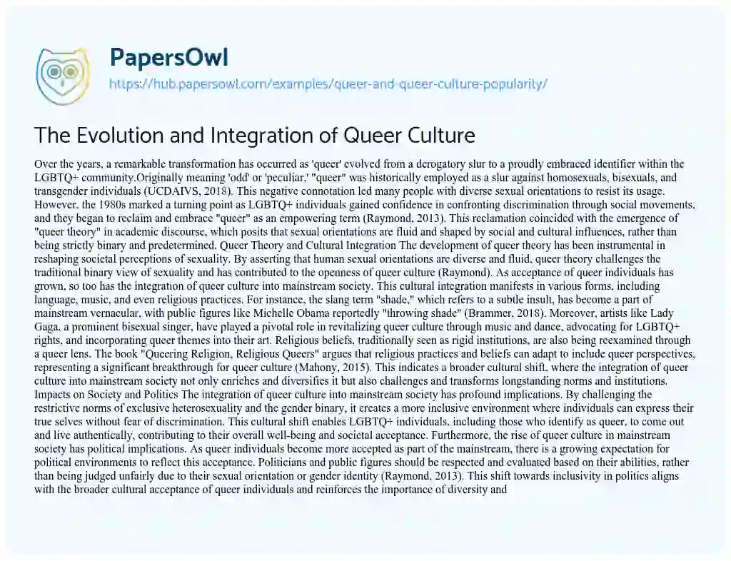 Essay on The Evolution and Integration of Queer Culture