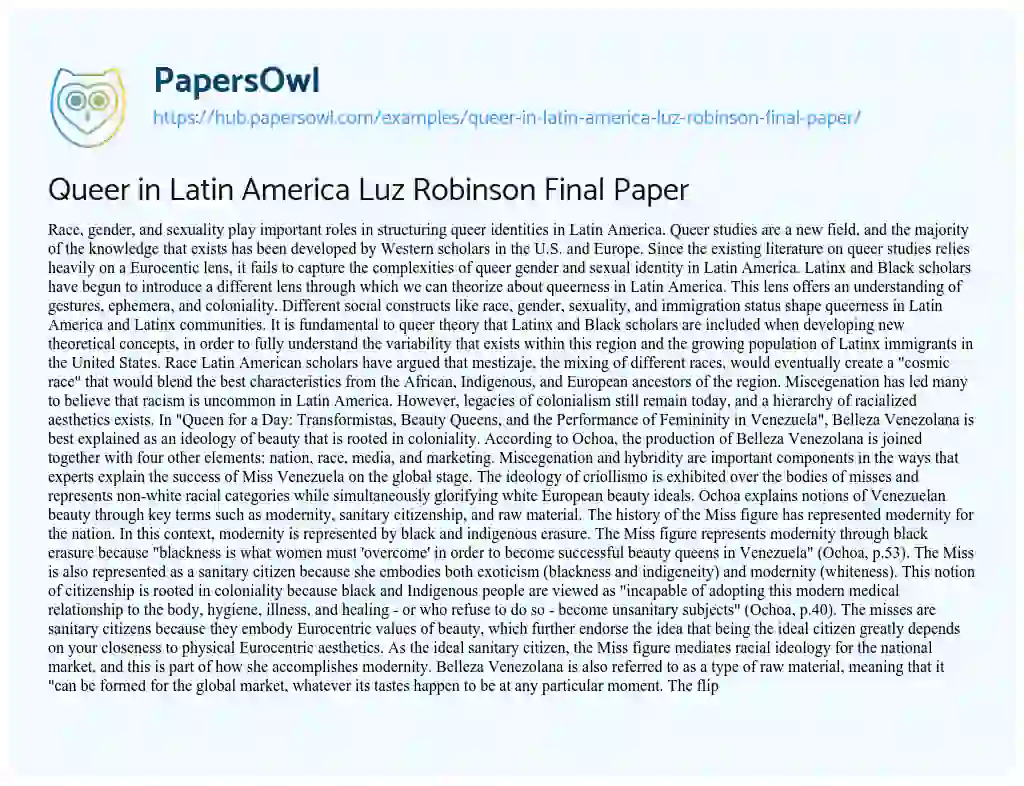 Essay on Queer in Latin America Luz Robinson Final Paper