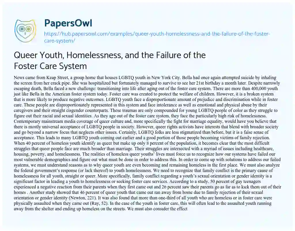 Essay on Queer Youth, Homelessness, and the Failure of the Foster Care System