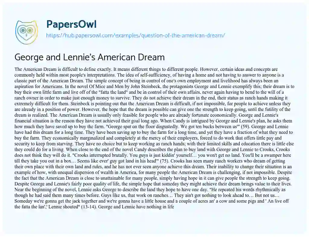 Essay on George and Lennie’s American Dream