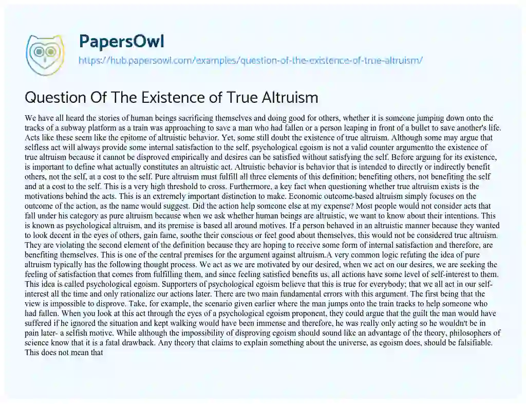 Essay on Question Of The Existence of True Altruism