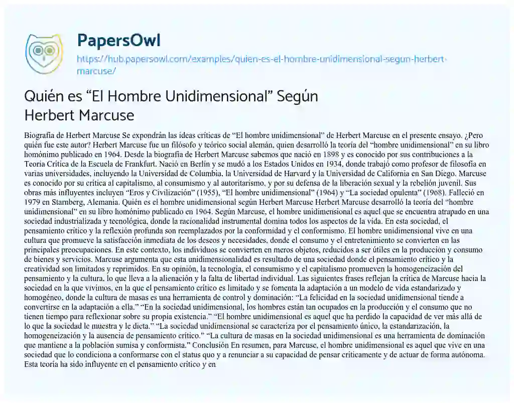 Essay on Quién es “El Hombre Unidimensional” Según Herbert Marcuse