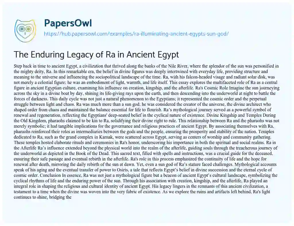 Essay on The Enduring Legacy of Ra in Ancient Egypt
