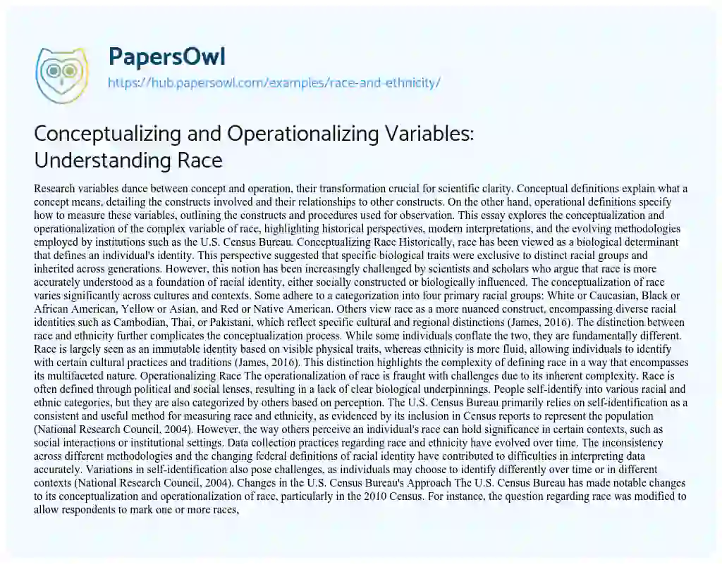Essay on Conceptualizing and Operationalizing Variables: Understanding Race