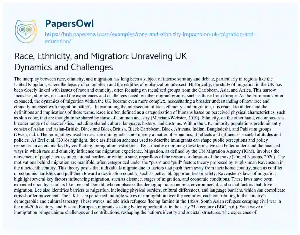 Essay on Race, Ethnicity, and Migration: Unraveling UK Dynamics and Challenges