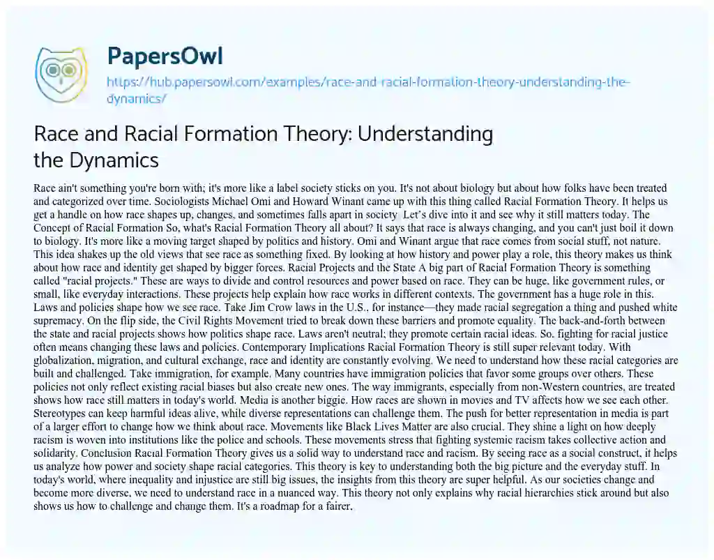 Essay on Race and Racial Formation Theory: Understanding the Dynamics