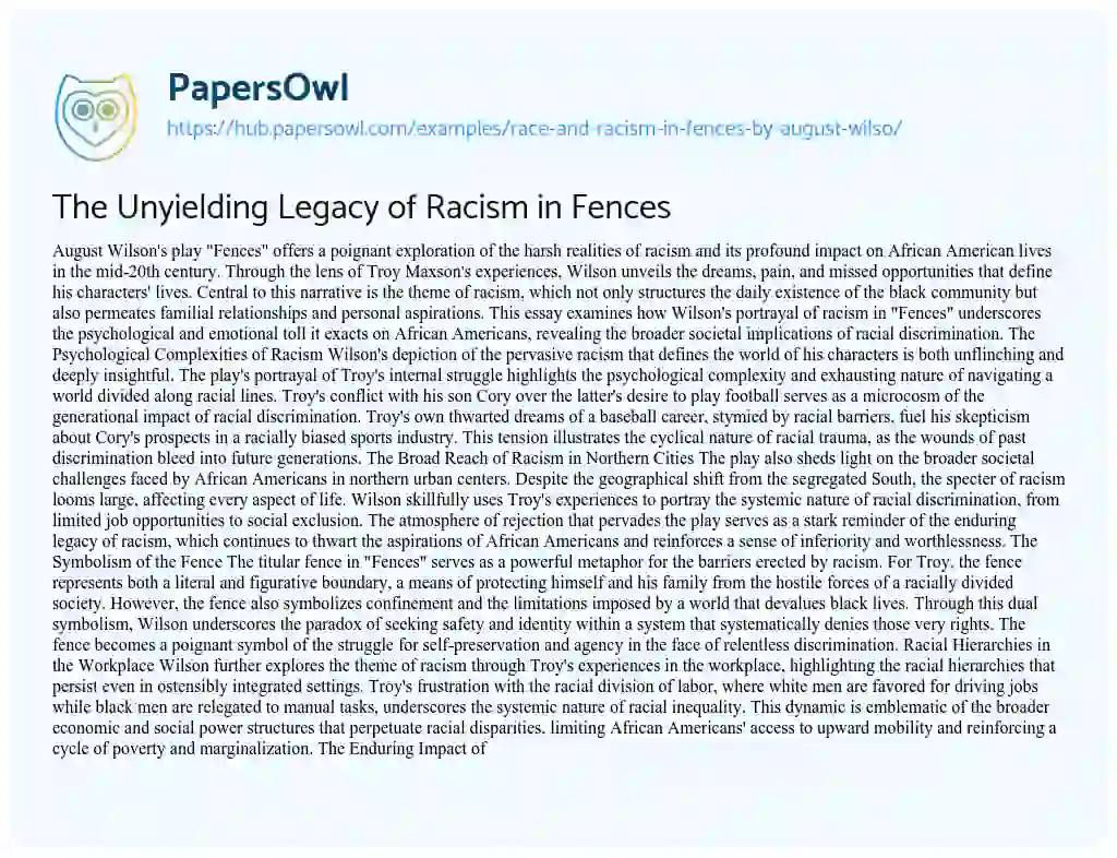 Essay on The Unyielding Legacy of Racism in Fences