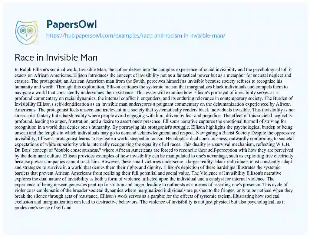 Essay on Race in Invisible Man