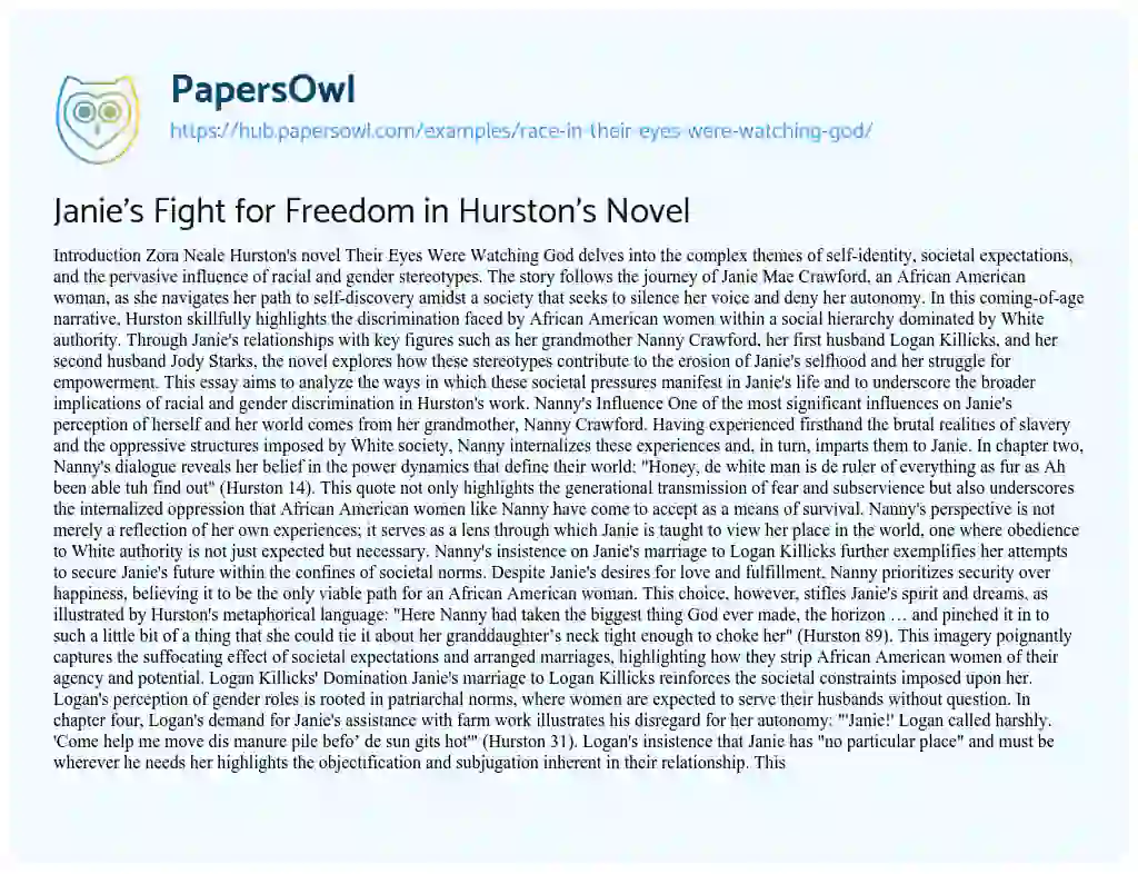 Essay on Janie’s Fight for Freedom in Hurston’s Novel