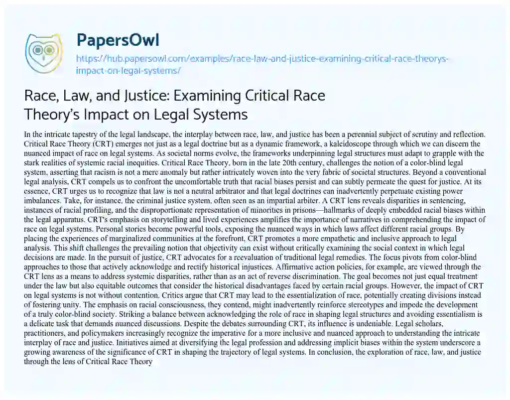 Essay on Race, Law, and Justice: Examining Critical Race Theory’s Impact on Legal Systems